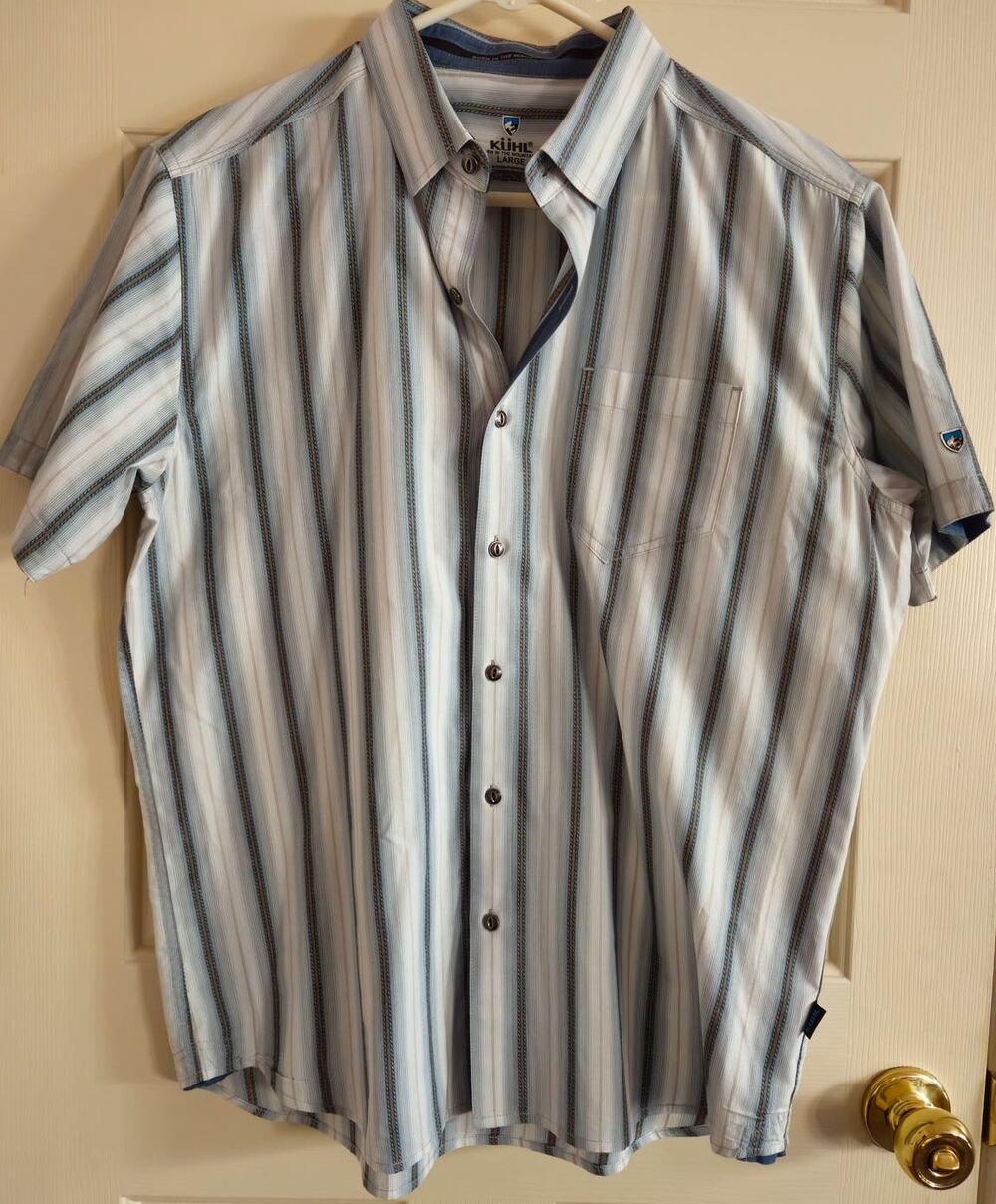 Mens Kuhl SS Button Up Blue White Tan Stripe Large Shirt 'Born in the Mountains'
